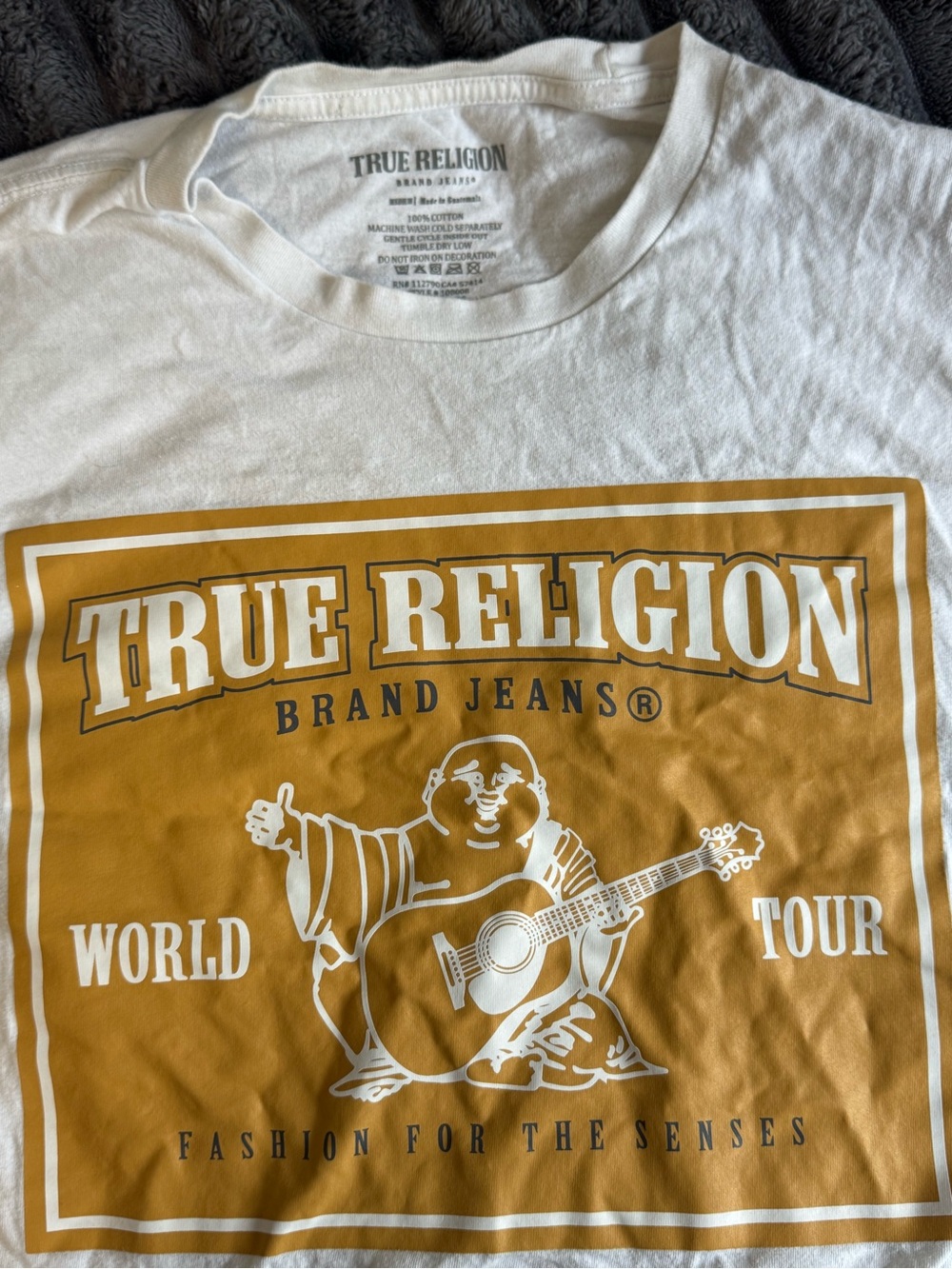 True Religion White T-Shirt with Golden Mustard Graphic